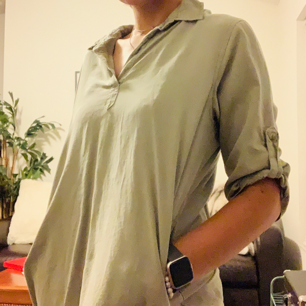 Olive Green Tunic Blouse with Pockets